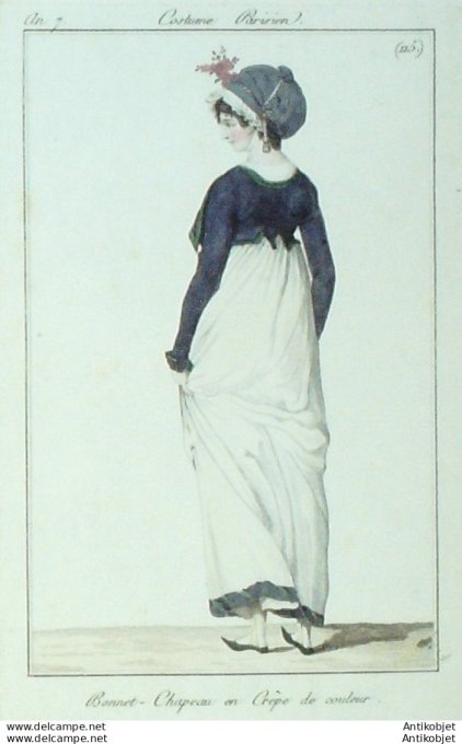 Gravure de mode Costume Parisien 1799 n°115 (An 7) Chapeau en crêpe de couleur