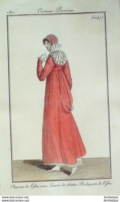 Gravure de mode Costume Parisien 1810 n°1047 Redingote de tissu