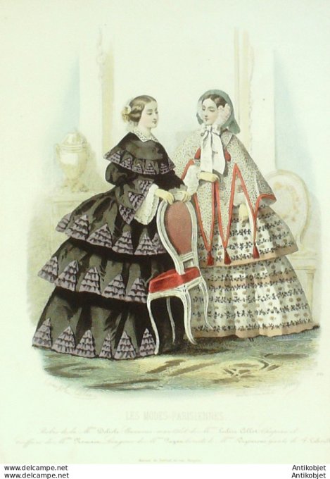 Gravure Les Modes Parisiennes 1857 # 761 Robes d'intérieur Maison Delisle