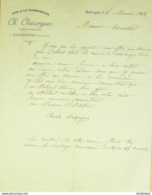 Lettre Ciale Ch.Claizergues (vins courtier) 1892 Baillargues (34)