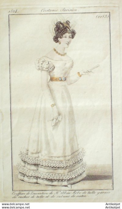 Gravure de mode Costume Parisien 1824 n°2283 Robe de tulle garnie de ruches
