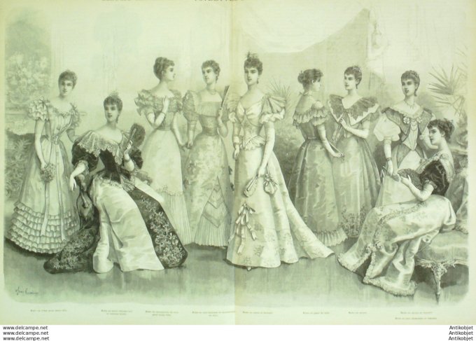 Gravure de mode La Mode illustrée (Maison Coussinet) Tenues de bal