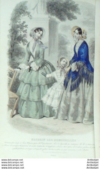 Gravure Mode Magasin Demoiselles 1851 #  6 (aquarellee Old Fashion plate)