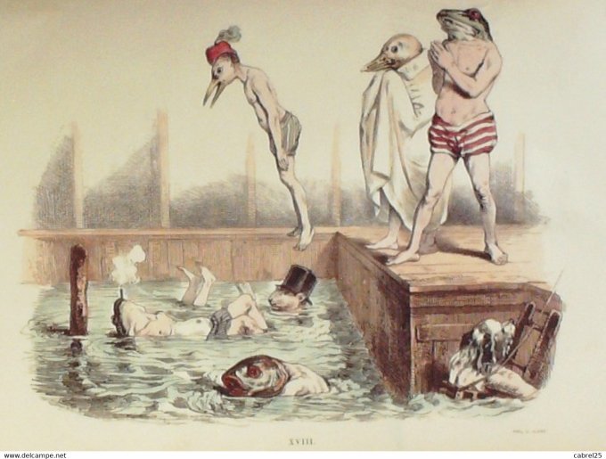 Grandville "Les Métamorphoses du jour" XVIII Corbeau Grenouille Canard 1847