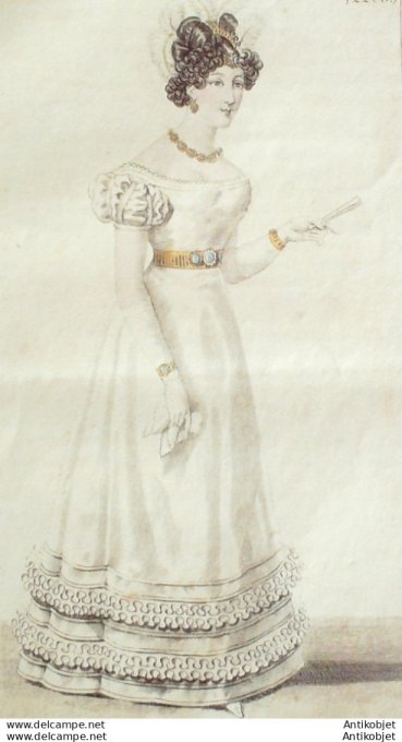 Gravure de mode Costume Parisien 1824 n°2283 Robe de tulle garnie de ruches
