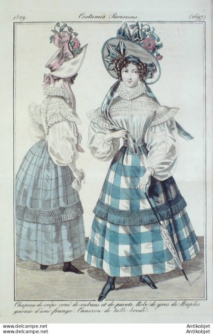 Gravure de mode Costume Parisien 1829 n°2697 Robe gros de Naples Canezou