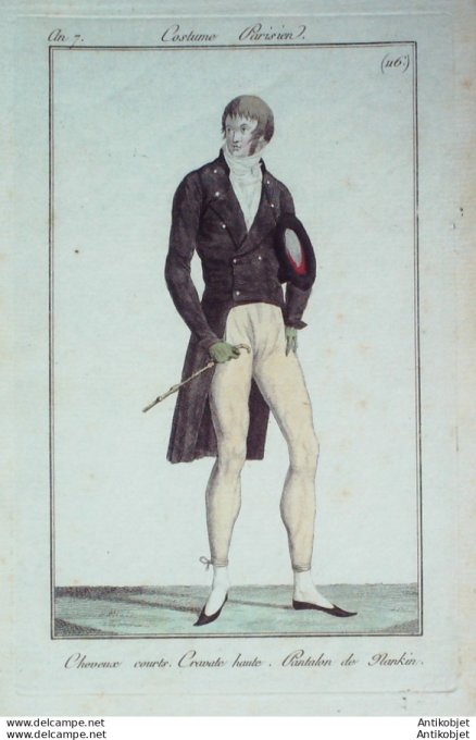 Gravure de mode Costume Parisien 1799 n°116 (An 7) Pantalon de Nankin