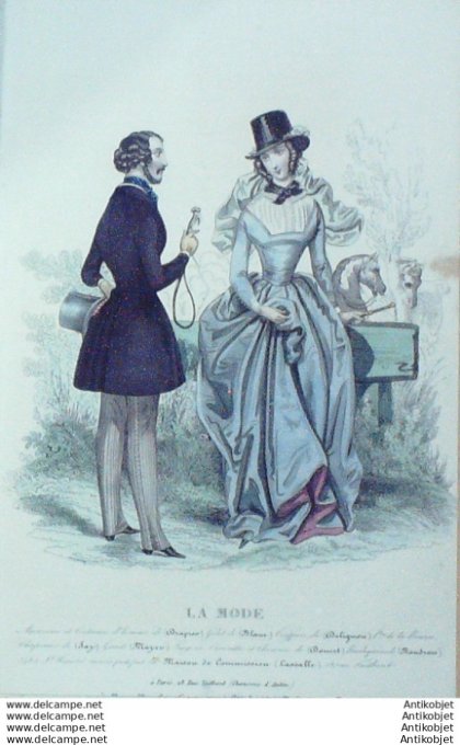 Gravure La mode 1841 # 27 (aquarelle old Fashion plate)  Amazone
