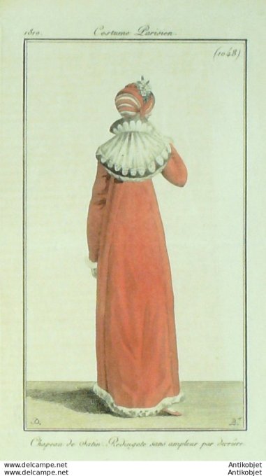 Gravure de mode Costume Parisien 1810 n°1048 Redingote chapeau de soie