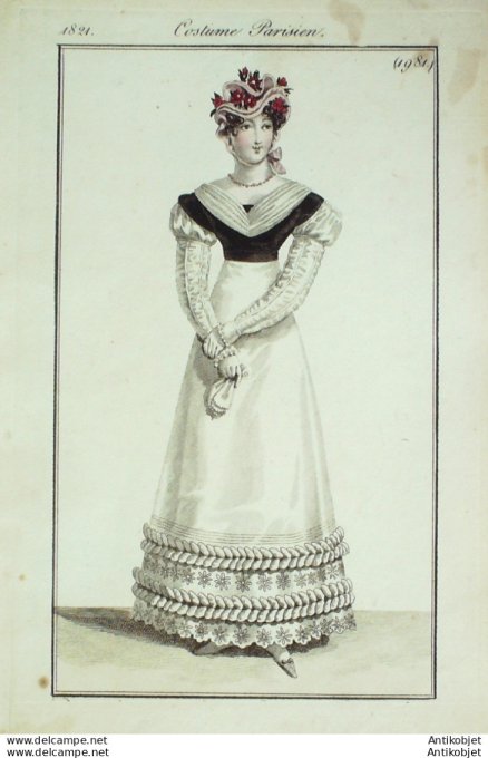 Gravure de mode Costume Parisien 1821 n°1981 Robe perkale garnie de coques