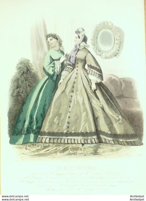 Gravure Les Modes Parisiennes 1862 #1025 Robes tissu de Turin Maison Gagelin