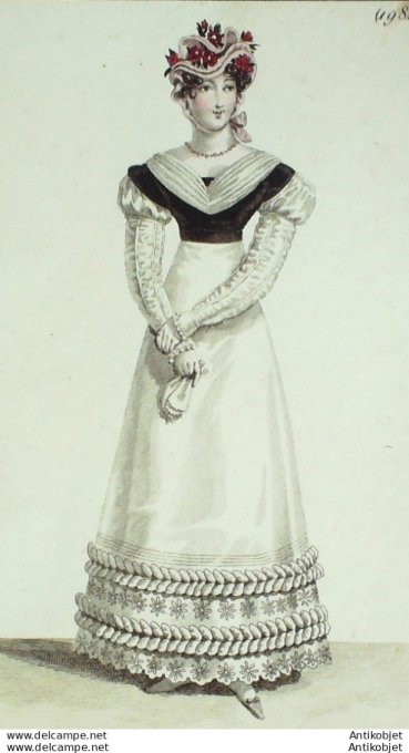 Gravure de mode Costume Parisien 1821 n°1981 Robe perkale garnie de coques