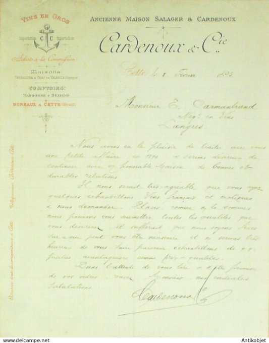 Lettre Ciale Cardenoux cie (grossiste en vins) Sète (34)