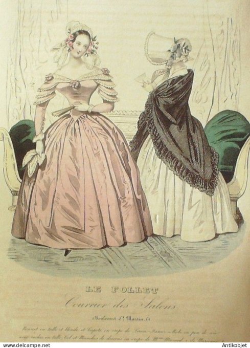 Gravure Mode Le Follet 1841 # 685 (aquarelle Old Fashion plate)