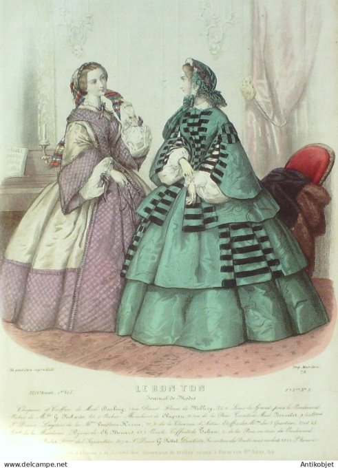 Gravure Mode Le Bon Ton 1858 24 #  3 (aquarelle old fashion plate)