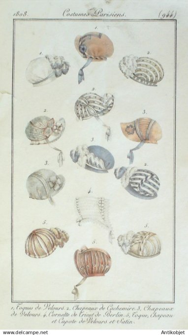 Costume Parisien 1808 # 944 (eau forte) Cornette de tricot de Berlin