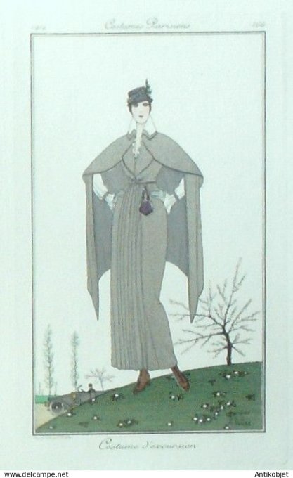 Gravure Costume Parisien 1914 #166 Vallée Armand (eau forte) Costume d'excursion