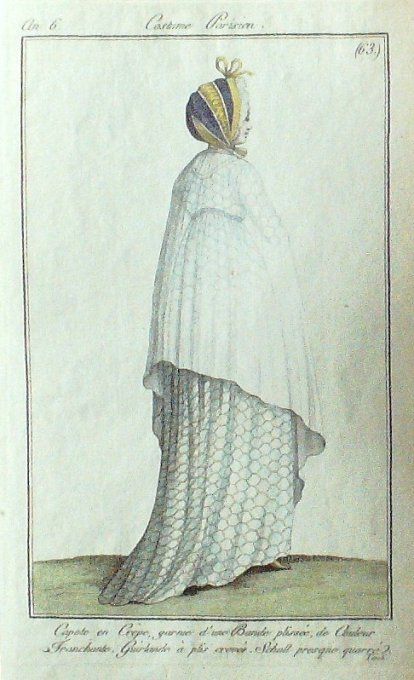 Gravure Mode Costume Parisien 1797 an  6 #  63 (eau forte old Fashion plate