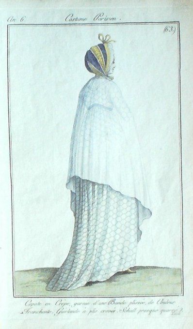 Gravure Mode Costume Parisien 1797 an  6 #  63 (eau forte old Fashion plate