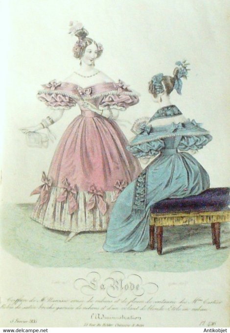 Gravure La mode 1835 n°426 Robes de satin broché garnies de rubans