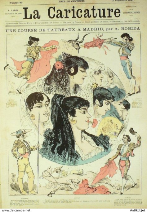 La Caricature 1881 #  90 Course de taureaux à Madrid Robida Plancher des vaches Gino