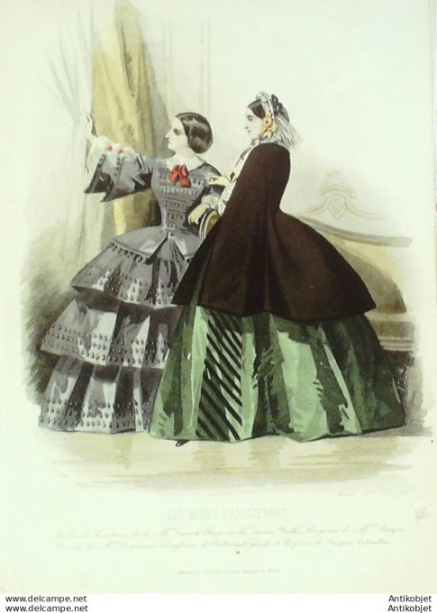 Gravure Les Modes Parisiennes 1857 # 762 robes velours Maison Fauvet