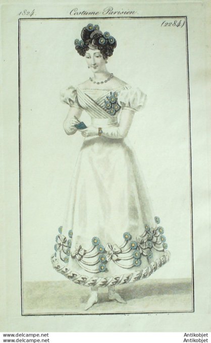 Gravure de mode Costume Parisien 1824 n°2284 Robe crêpe & satin