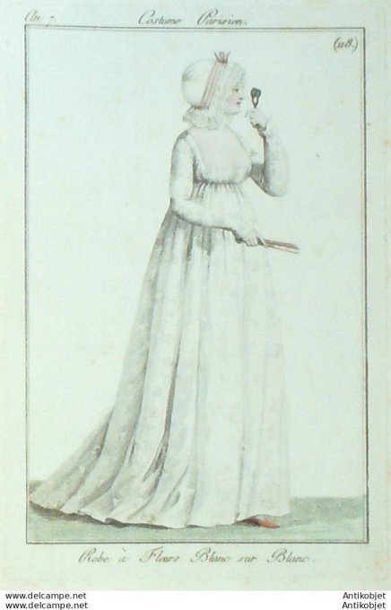 Gravure de mode Costume Parisien 1799 n°118 (An 7) Robe à fleurs