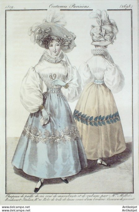 Gravure de mode Costume Parisien 1829 n°2698 Robe toile canezou Jaconat