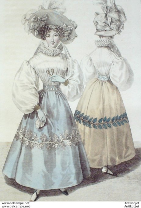 Gravure de mode Costume Parisien 1829 n°2698 Robe toile canezou Jaconat