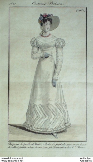 Gravure de mode Costume Parisien 1821 n°1982 Robe perkale avec entre deux