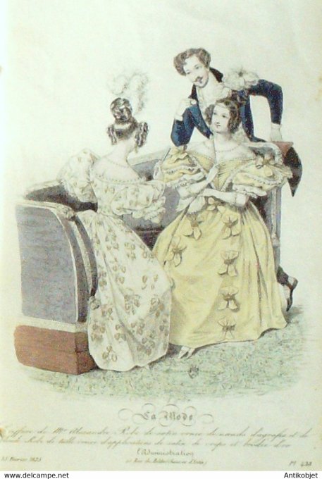 Gravure La mode 1835 n°428 Robe de satin ornée de nœuds d'agrafes