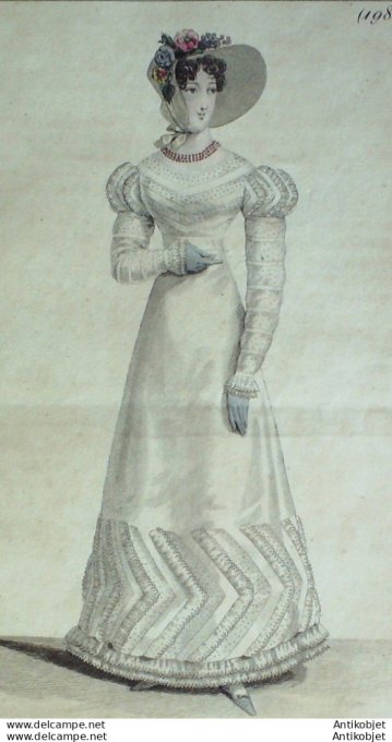 Gravure de mode Costume Parisien 1821 n°1982 Robe perkale avec entre deux