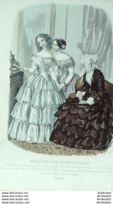 Gravure Mode Magasin Demoiselles 1851 #  1 (aquarellee Old Fashion plate)