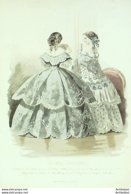 Gravure Les Modes Parisiennes 1857 # 764 Robes en tulle Maison Collot