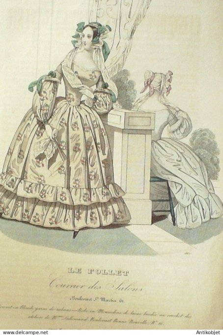 Gravure Mode Le Follet 1841 # 687 (aquarelle Old Fashion plate)