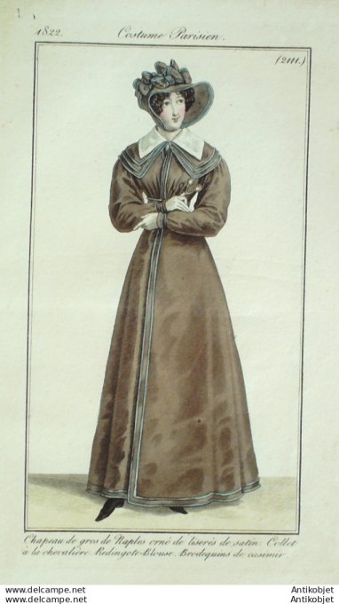 Gravure de mode Costume Parisien 1822 n°2111 Redingote blouse de casimir