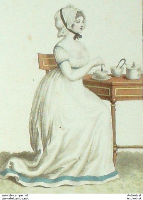 Gravure de mode Costume Parisien 1799 n°119 (An 7) Toquet à fond plissé