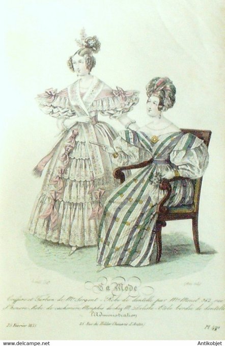 Gravure La mode 1835 n°429 Robe de cachemire memphis