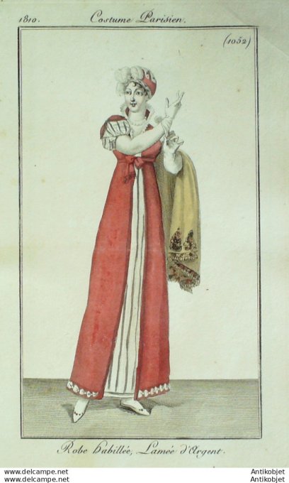 Gravure de mode Costume Parisien 1810 n°1052 Robe lamée d'argent