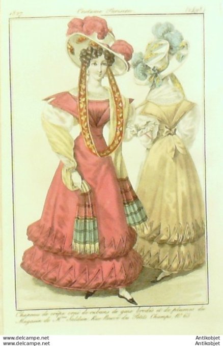 Costume Parisien 1827 # 2498 Chapeau de crêpe orné