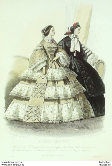 Gravure Les Modes Parisiennes 1857 # 765 Robes gros de Naples Maison Fauvet