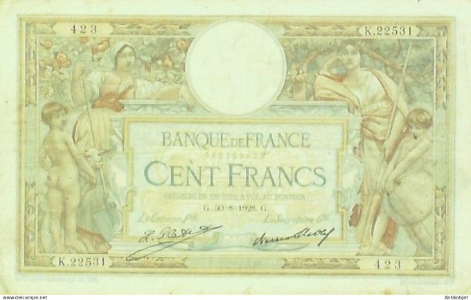 Billet Banque de France 100 francs Luc Olivier Merson Grands Cartouches G30=8=1928 TTB+