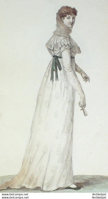 Gravure de mode Costume Parisien 1804 n° 563 (An 12) Robe mousseline brodée