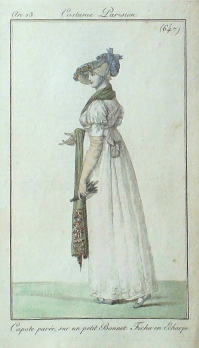 Gravure Mode Costume Parisien 1805 an 13 # 647 (eau forte old Fashion plate