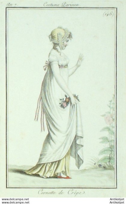 Gravure de mode Costume Parisien 1799 n°146 (An 7) Cornette de crêpe