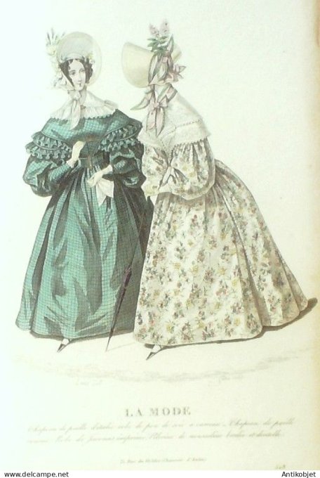 Gravure La mode 1836 # 508 (aquarelle old Fashion plate) Amazones