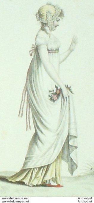 Gravure de mode Costume Parisien 1799 n°146 (An 7) Cornette de crêpe