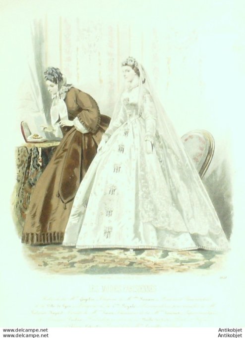 Gravure Les Modes Parisiennes 1862 #1028 Robes Mariée Maison Gagelin