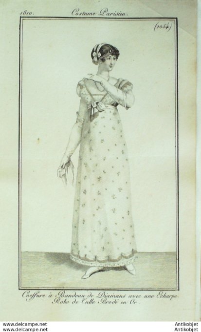 Gravure de mode Costume Parisien 1810 n°1054 Robe de tulle brodé d'or